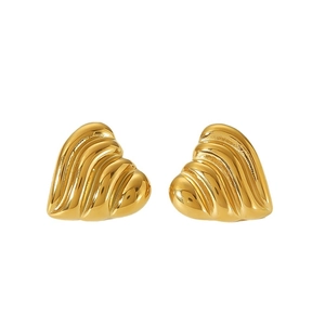 Polished 18k gold heart-shaped earrings with 3D wavy texture on a white background
