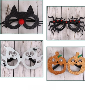 Set of four felt Halloween party glasses featuring spider, ghost, cat and pumpkin designs
