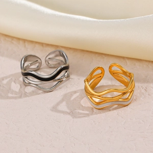 Wave Line Enamel Stainless Steel Ring Adjustable Opening Hollow Geometric Hip Hop Punk Fashion Jewelry For Women