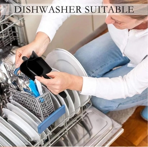 Black heat-resistant meat chopper being placed in a dishwasher for easy cleaning