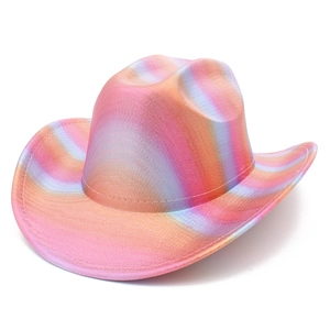 Detailed macro view of rainbow gradient cowboy hat with vibrant multi-color wool texture