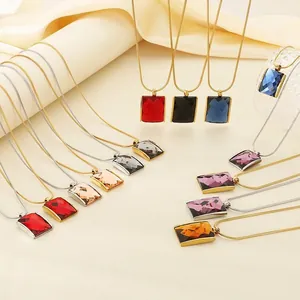 Stainless Steel Snake Chain Necklace With Rectangular Faceted Glass Crystal Pendant Vintage INS Style For Women