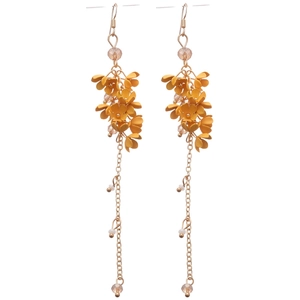 Elegant yellow floral long tassel earrings with golden chains and crystal beads