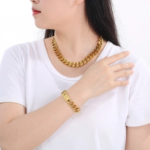 Ensemble collier et bracelet chaîne cubaine dorée 13mm en acier inoxydable poli hip-hop