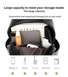 Close-up of black pebble leather backpack interior showing large capacity for iPad and essentials
