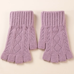 Detailed close-up of purple knit fingerless arm sleeves with rhombus hollow pattern