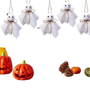 16-pack Halloween hanging ghosts with ceramic pumpkins and pine cones decor set