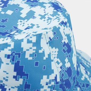 Detail shot of blue digital camouflage bucket hat showing double-stitched twill fabric