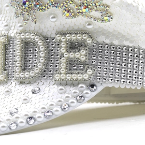 Sparkly white sequin bridal captain hat with rhinestone crown and pearl BRIDE lettering