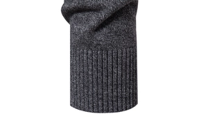 Detail of high-elasticity ribbed cuff on dark grey melange knit sweater for men