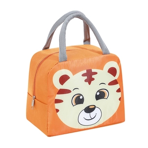 Insulated orange lunch bag featuring a cartoon tiger print and gray handles