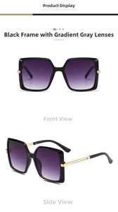 Close-up of classic square frame sunglasses with gradient grey lenses and gold metal temples