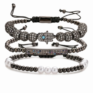 Three-piece Hamsa hand beaded bracelet set with colorful cubic zirconia in gunmetal finish