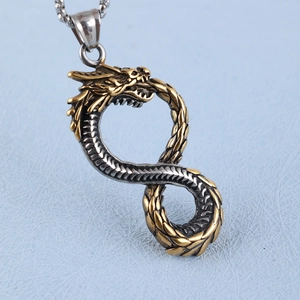 Norse Viking dragon pendant in two-tone stainless steel with infinity infinity symbol shape