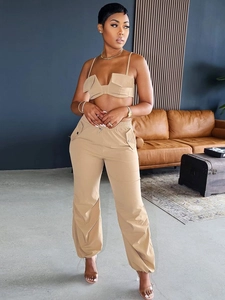 Khaki two-piece set featuring a cropped camisole top and cargo pants for women