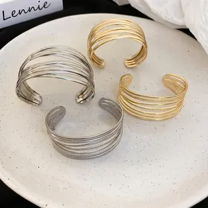 Multi Layer Open Cuff Bangle Alloy Minimalist Statement Hollow Woven Bracelet For Women Fashion Jewelry