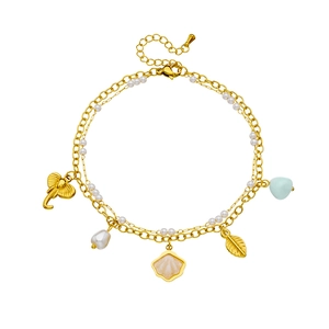 Double-layered gold stainless steel anklet with elephant, shell and pearl charms