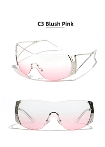 Detail view of Y2K rimless sunglasses with pink gradient lenses and side crystal accents