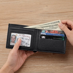 Men's bifold wallet in black litchi texture PU leather with multiple card slots and ID window
