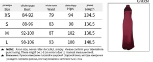 Detailed size guide table for backless halter satin maxi dress with CM measurements
