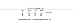 Detailed size chart with waist and length measurements for women hollow out skirt set