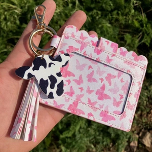 Pink butterfly printed PU leather card holder with cow head charm and tassel keychain