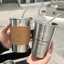 Détails des tasses à café en acier inoxydable avec étui en cuir et pailles en métal
