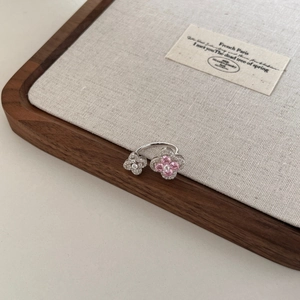 Detail view of S925 silver ring featuring pink and clear zircon flowers with adjustable band