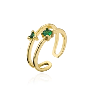 Macro detail of gold double-layer open ring featuring green geometric zircon stones