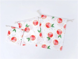 Lot de trois sacs à cordon en coton et lin avec imprimé pamplemousse en tailles