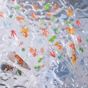 Nail Art Stickers 3D Relief Goldfish Lotus Chinese Style Holographic Laser Self Adhesive Decals Manicure Decoration