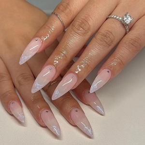 Press On Nails Almond Shape Aurora Nude Pink Gradient French Style Crushed Diamond Elegant Artificial Fake Nails For Women