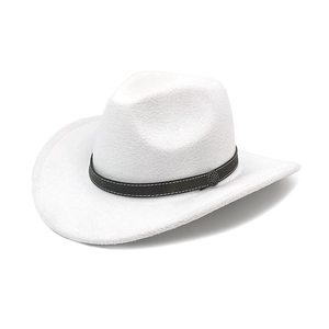 Classic white wool felt western cowboy hat with brown leather band and metal buckle