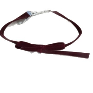 Elegant wine red velvet bow choker necklace with adjustable silver metal chain for women