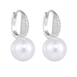 Close-up of S925 sterling silver pearl hoop earrings with sparkling micro-pave cubic zirconia