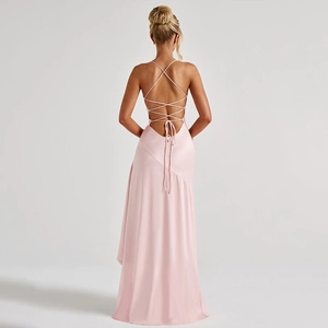 Pink satin backless maxi dress with cross straps and high slit for elegant evening parties