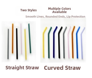 Close-up of heat-resistant colored glass straws in straight and curved styles with smooth tips