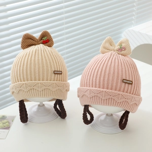 Bonnet Tricoté Pour Bébé Fille Protection Oreilles Hiver Chaud Cerise Nœud Tresses Artificielles Style Princesse