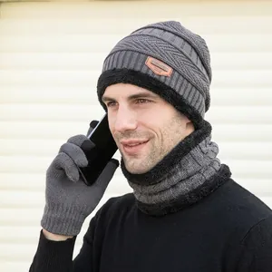 Winter 3-piece set with grey knit hat, thermal neck gaiter and touchscreen gloves