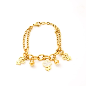 18k gold plated stainless steel hollow flower bracelet with diamonds on white background