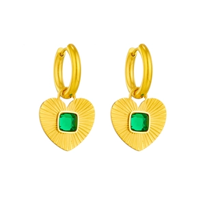 Golden heart earrings with radial stripes and square green gem on white background