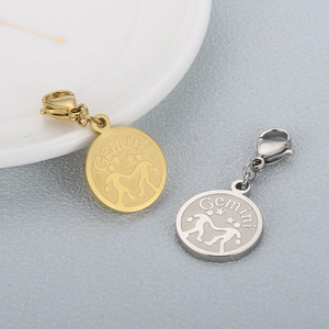 Stainless steel Gemini zodiac pendants in gold and silver finish with lobster clasp detail