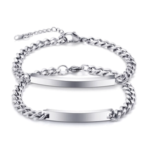 Polished stainless steel couple bracelets with flat ID tag and Cuban curb chain design