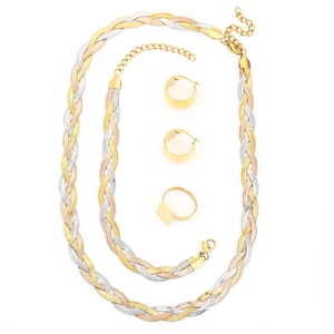 Collezione Gioielli in Acciaio al Titanio con Catena a Lisca di Pesce Intrecciata Tricolore Oro Argento Oro Rosa Collana Bracciale Orecchini a Cerchio Anello Quadrato