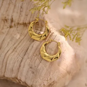 Detail of twisted 18K gold plated stainless steel hoop earrings on light textured rock