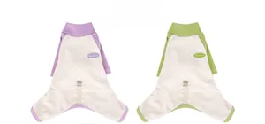 Detail view of contrast stitching dog pajamas in lavender and bean green color options