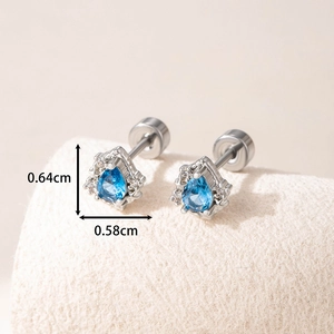 Blue teardrop zircon stud earrings in silver titanium steel with screw back detail