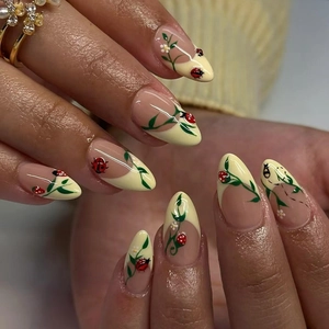Almond Press On Nails Cute Ladybug Flower French Style ABS Artificial False Nails For Women