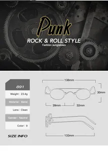 Detailed size chart of vintage punk round sunglasses with metal frame and clear lenses