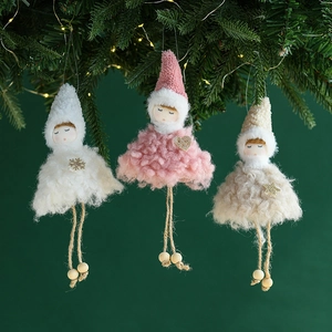 Christmas Angel Plush Doll Hanging Ornaments Cute Girl Knitted Hat Wooden Beads Hemp Rope Holiday Home Party Decor
